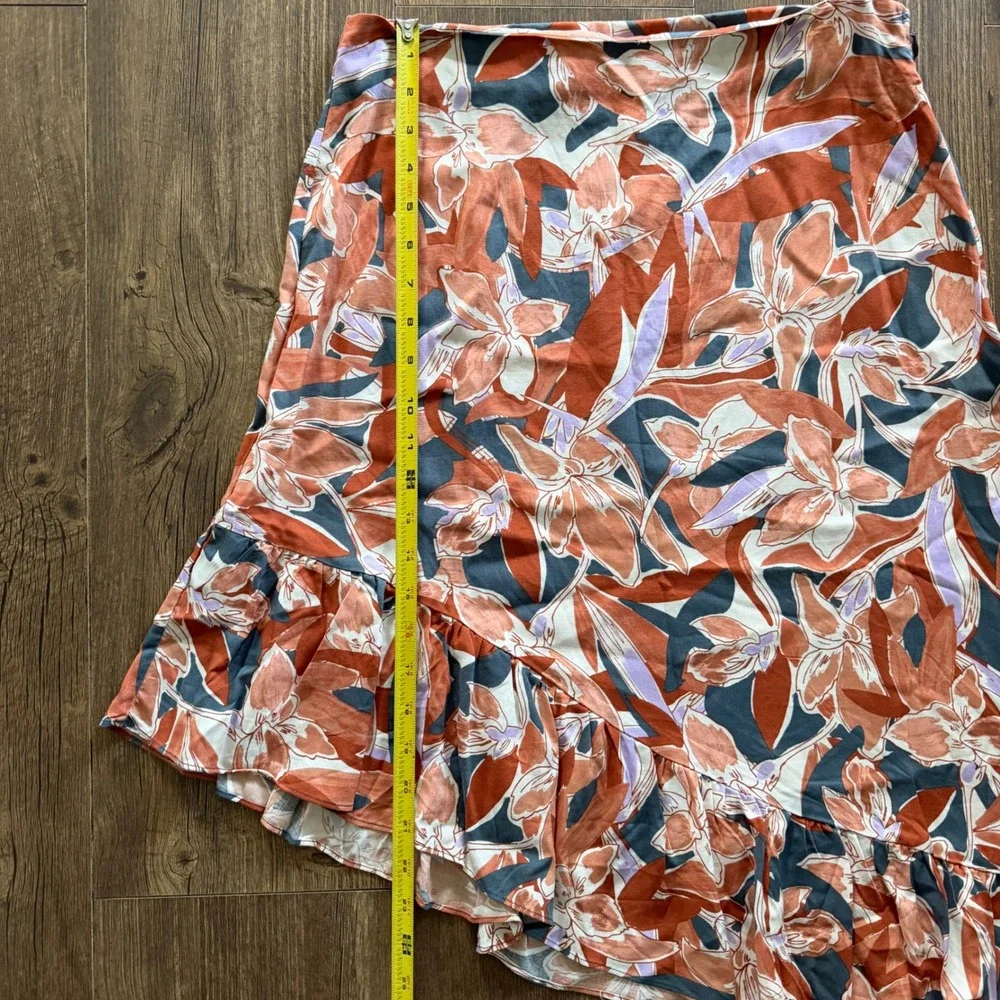 Nine West Asymmetrical Midi Skirt Womens Medium Terracotta Floral Ruffle Hem NEW
